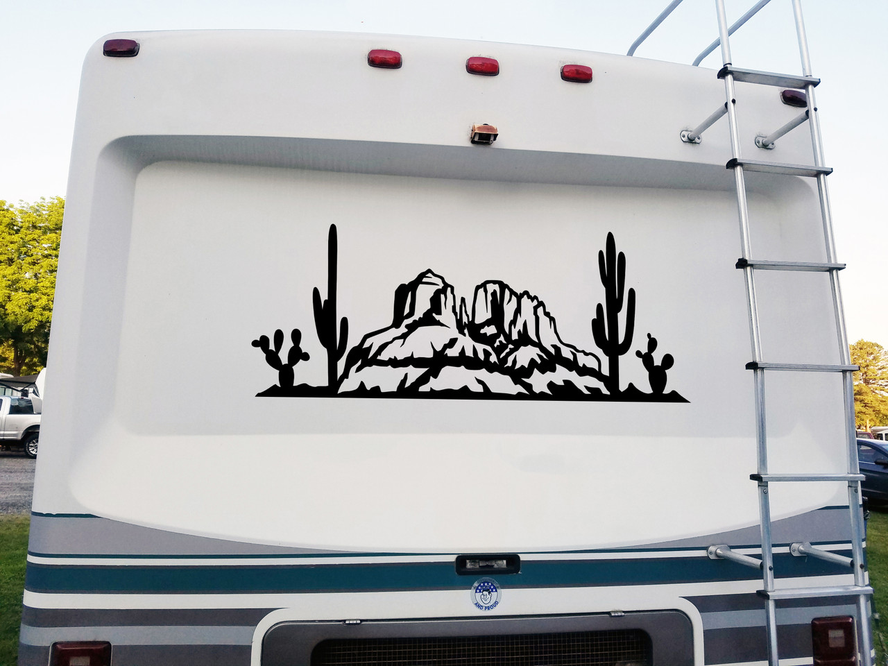 Desert Cactus Mountain Scene V7 Vinyl Decal - RV Camper Graphics Mesa  - Die Cut Sticker