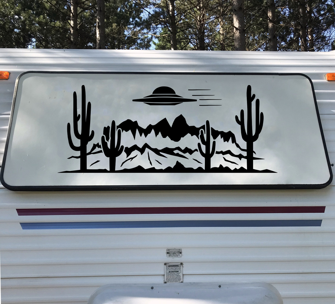 Desert UFO Cactus Mountain Scene V3 Vinyl Decal - Alien RV Camper Graphics - Die Cut Sticker