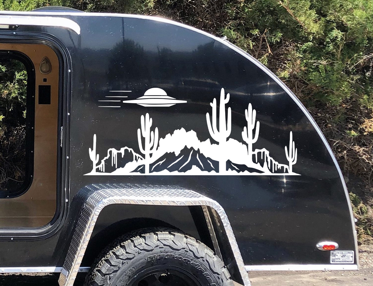 Desert UFO Cactus Mountain Scene V4 Vinyl Decal - Flying Saucer Alien RV Camper Graphics - Die Cut Sticker