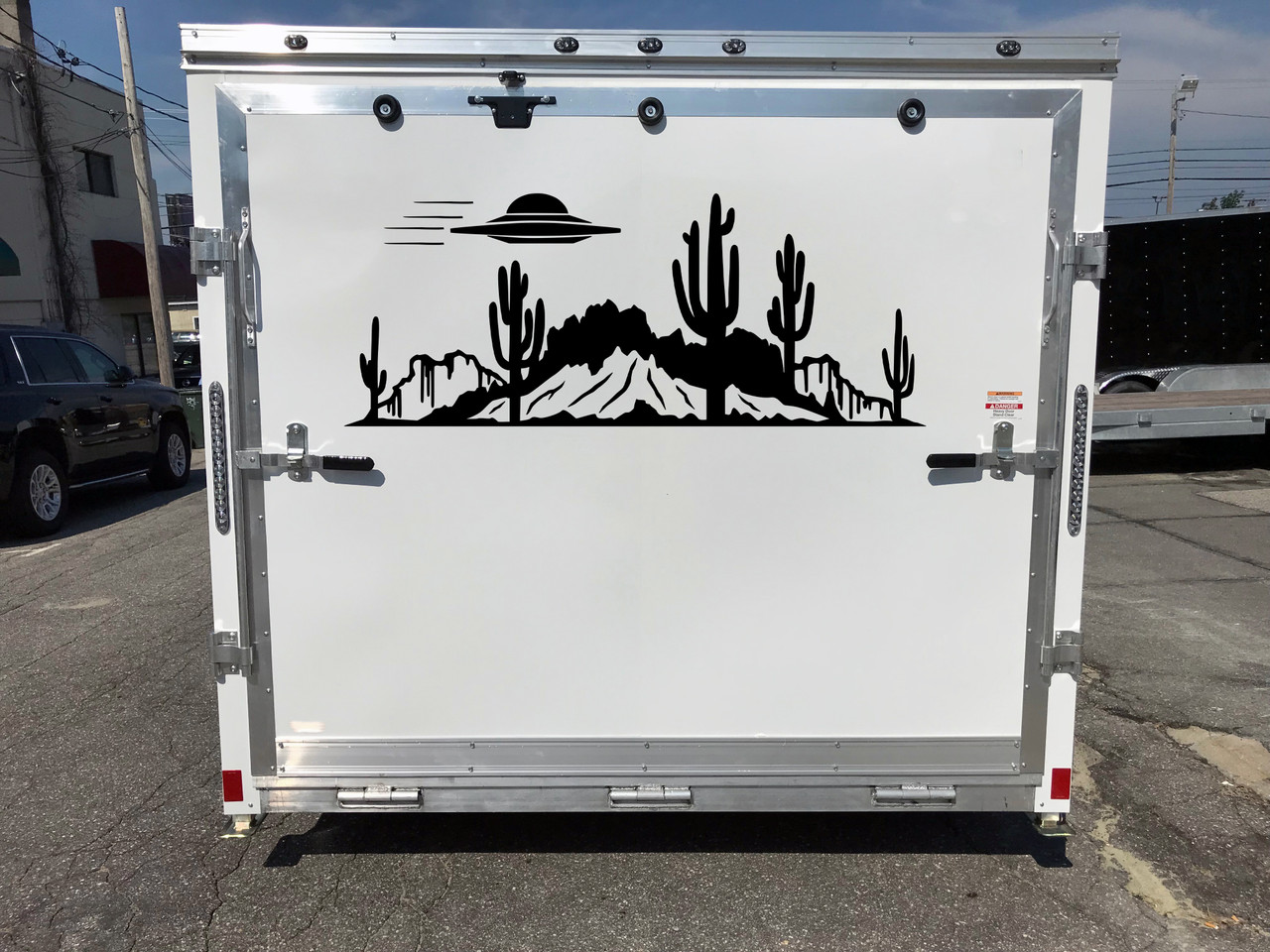 Desert UFO Cactus Mountain Scene V4 Vinyl Decal - Flying Saucer Alien RV Camper Graphics - Die Cut Sticker