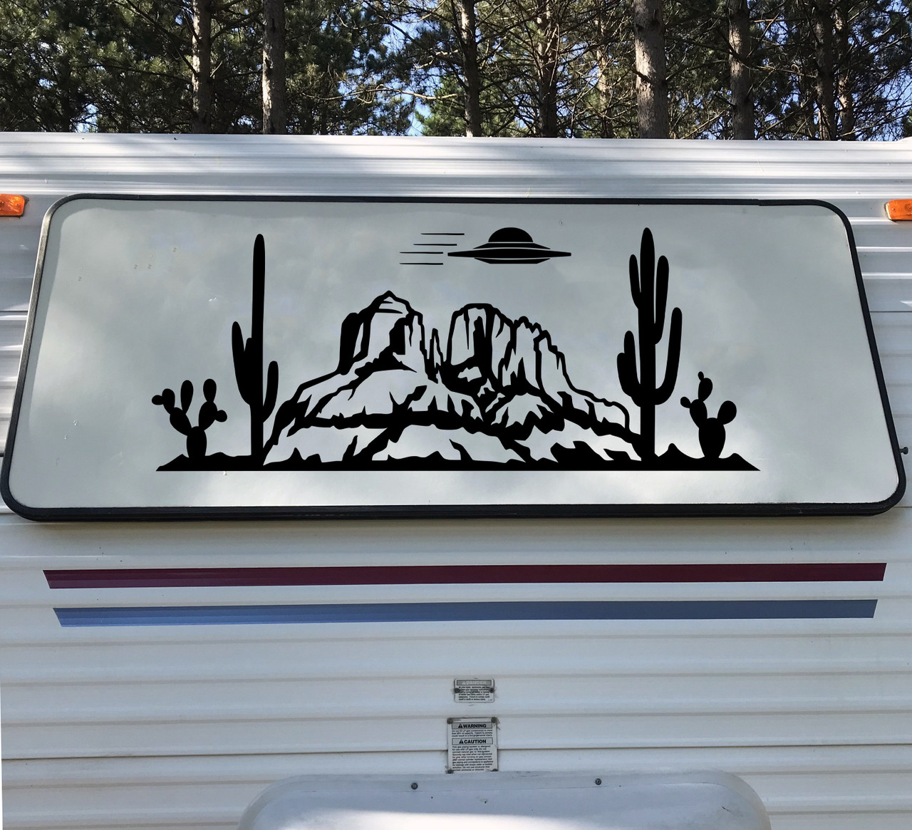 Desert UFO Cactus Mountain Scene V5 Vinyl Decal - Area 51 Flying Saucer Alien RV Camper Graphics - Die Cut Sticker