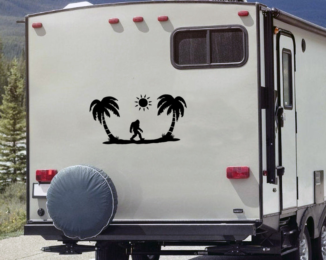 Bigfoot Palm Trees Vinyl Decal V2 | Camping RV Travel Trailer Scene | Die Cut Sticker