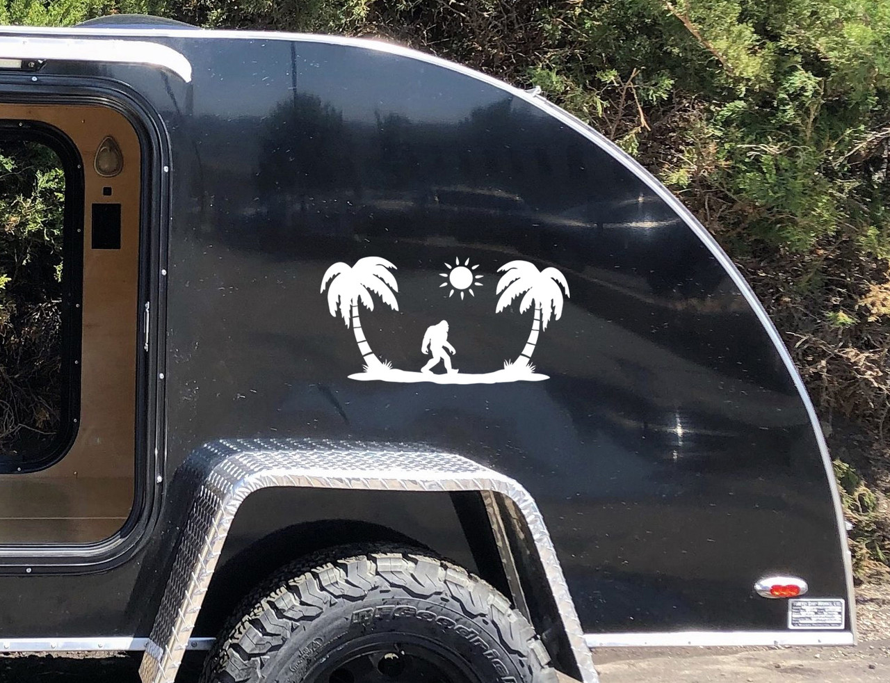 Bigfoot Palm Trees Vinyl Decal V2 | Camping RV Travel Trailer Scene | Die Cut Sticker