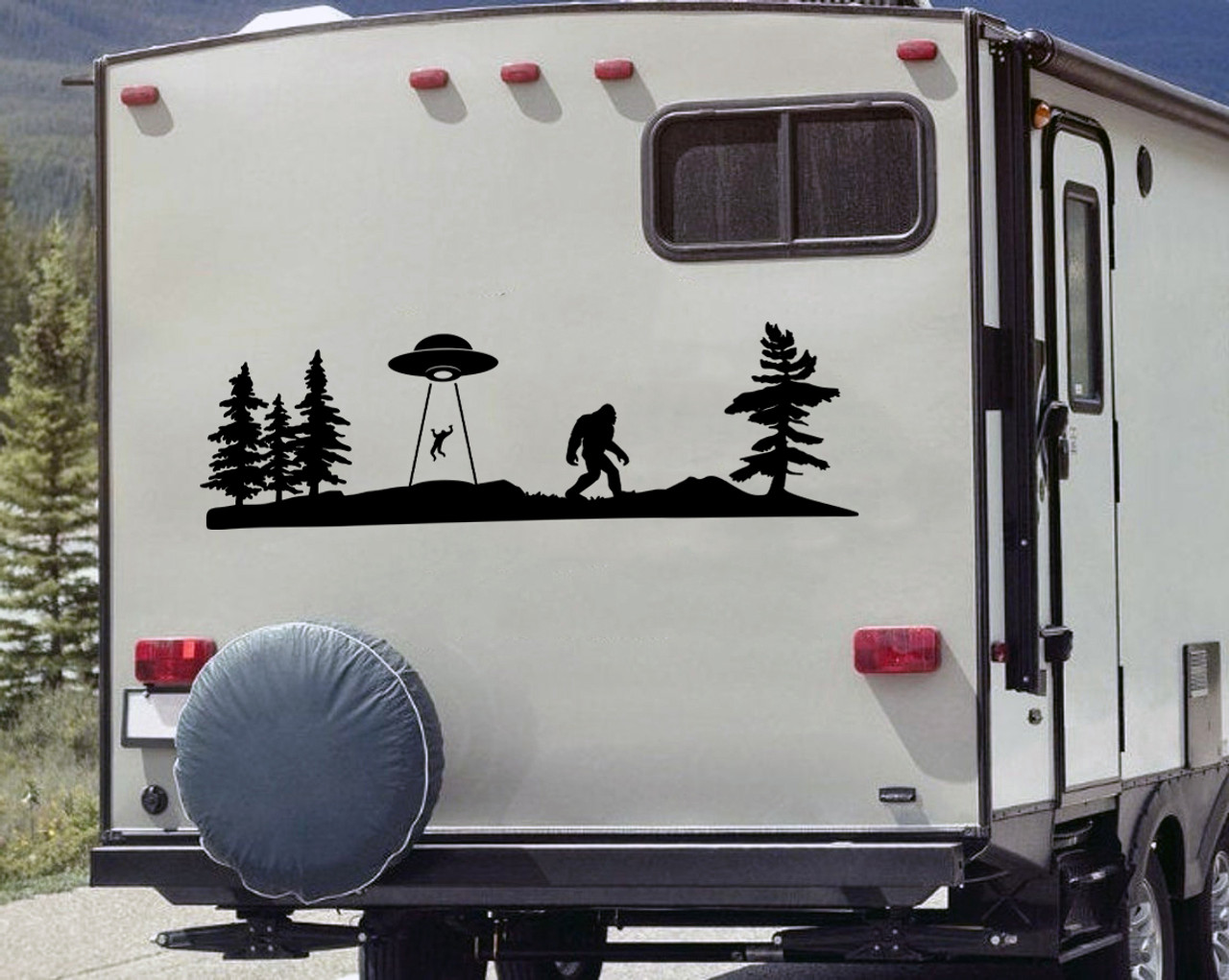 Bigfoot UFO Forest Scene V2 Vinyl Decal | Cryptid Mythology Vehicle, Tumbler, and Device | Die Cut Sticker