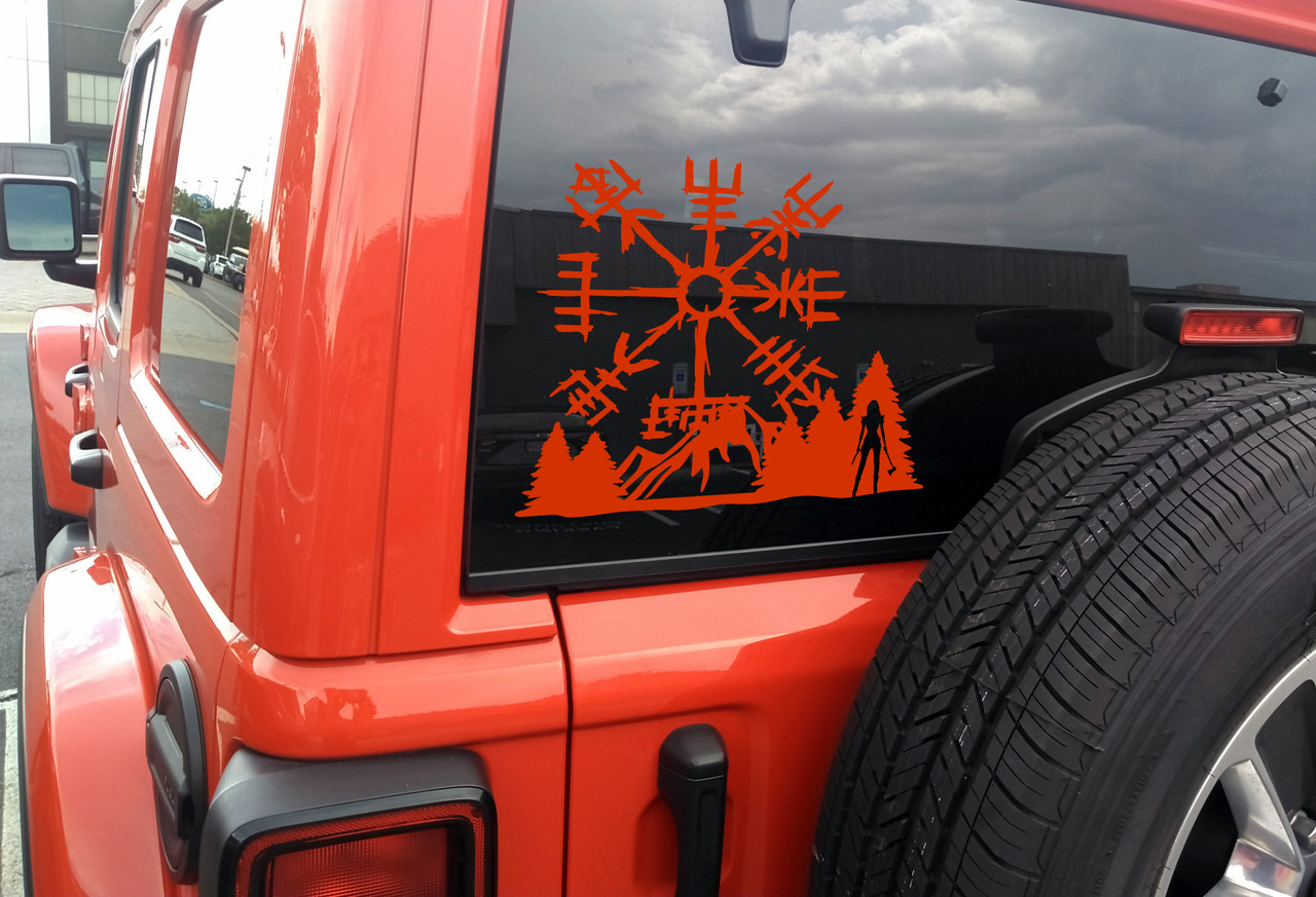 Viking Compass Scene Mountains Vinyl Decal V2 | Female Warrior in Trees | Die Cut Sticker