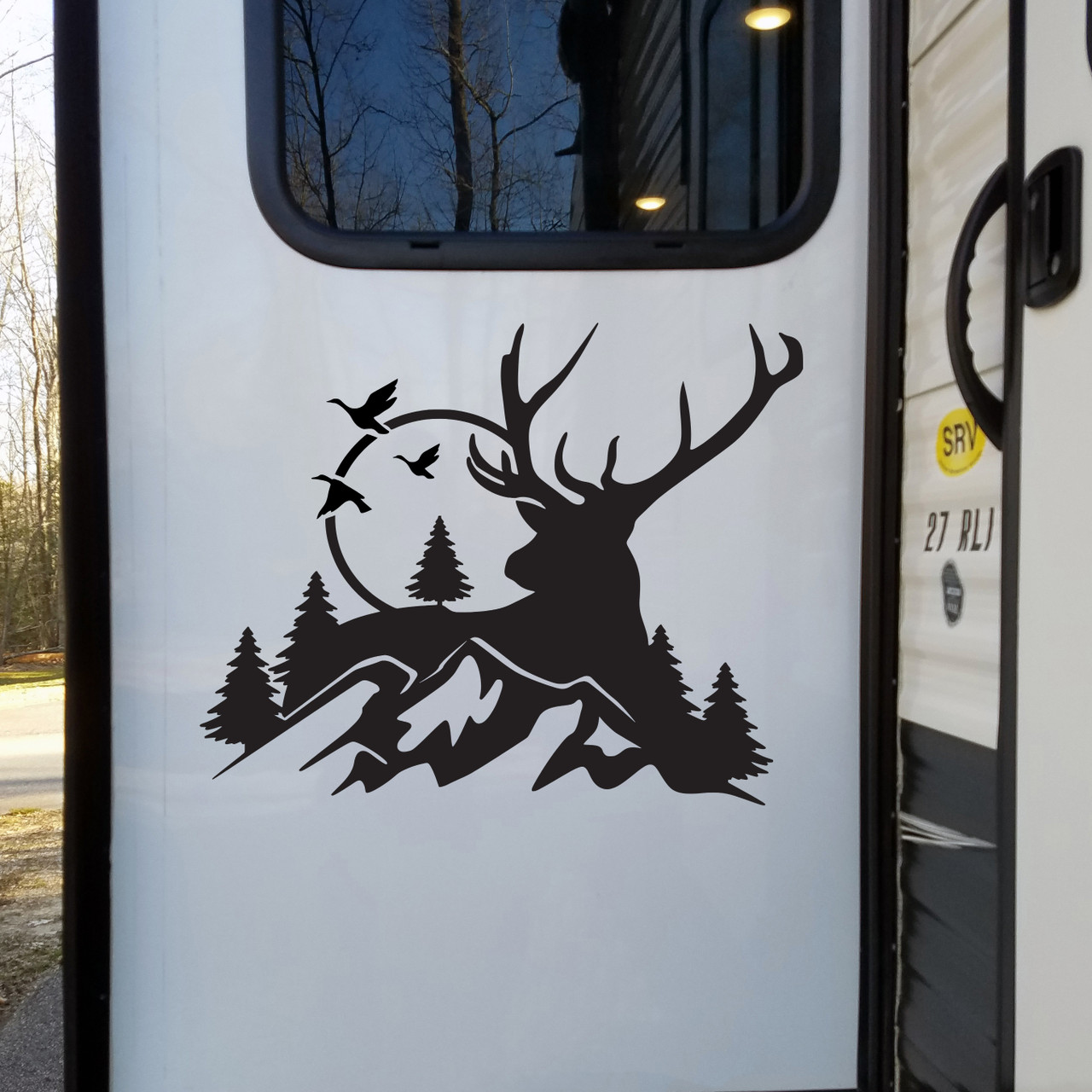 Deer Mountain Bird Scene Custom Vinyl Sticker V4 | Camper Trailer Decals | Die Cut Stickers