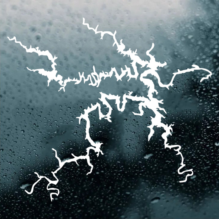 Truman Lake Missouri geographic outline vinyl decal shown in white on a tinted vehicle window, featuring the detailed branching shoreline, coves, and waterways of Harry S. Truman Reservoir.
