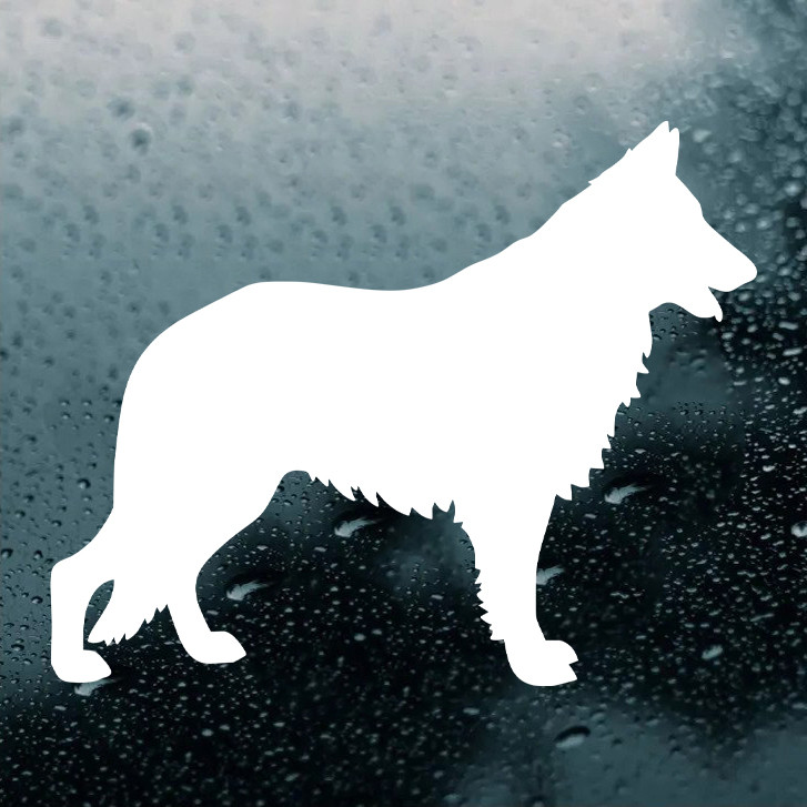 German Shepherd Alsatian vinyl decal featuring a standing long-haired GSD dog silhouette with upright ears, bushy tail and detailed coat, available in eight sizes with 2-pack, 4-pack and mirror options