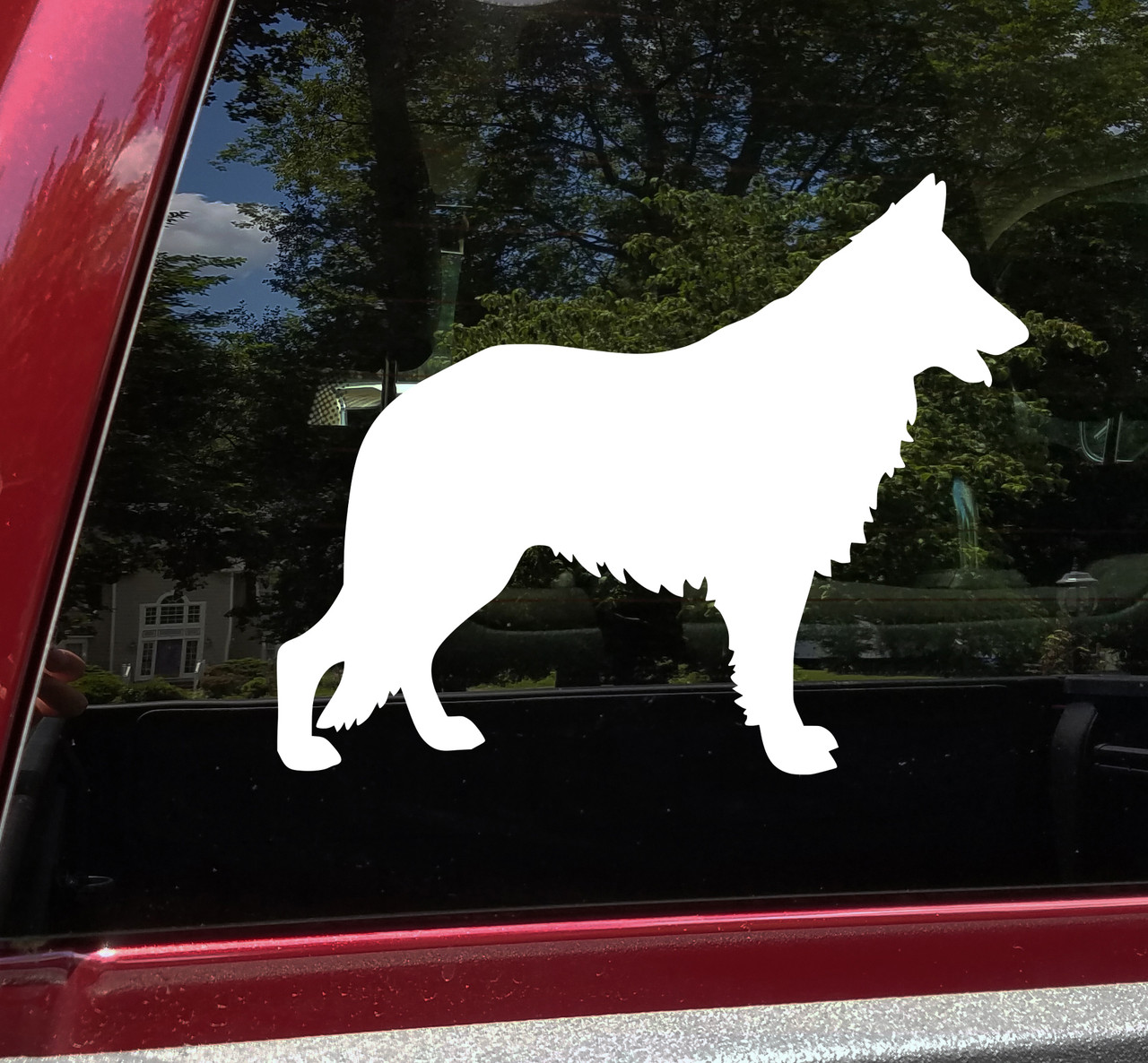 German Shepherd Alsatian vinyl decal featuring a standing long-haired GSD dog silhouette with upright ears, bushy tail and detailed coat, available in eight sizes with 2-pack, 4-pack and mirror options