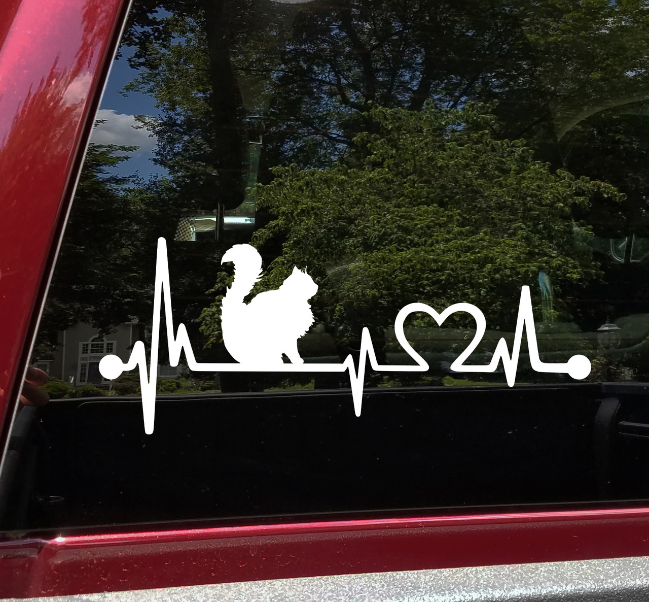 Long Haired Cat Love Heartbeat vinyl decal featuring a fluffy feline silhouette with EKG pulse line and heart symbol, available in nine sizes with mirror option
