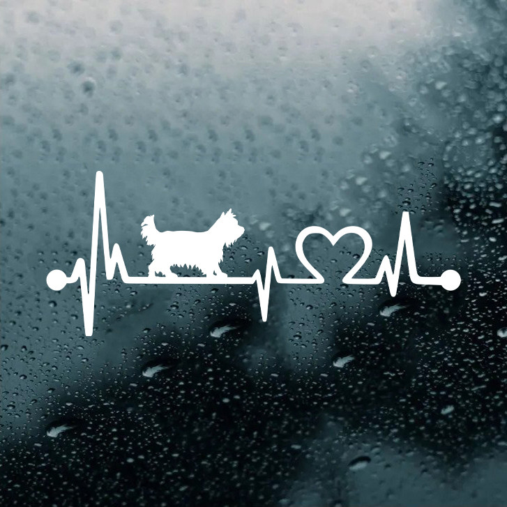 Yorkshire Terrier Yorkie Love Heartbeat vinyl decal featuring a Yorkie dog silhouette with EKG pulse line and heart symbol, available in nine sizes with mirror option