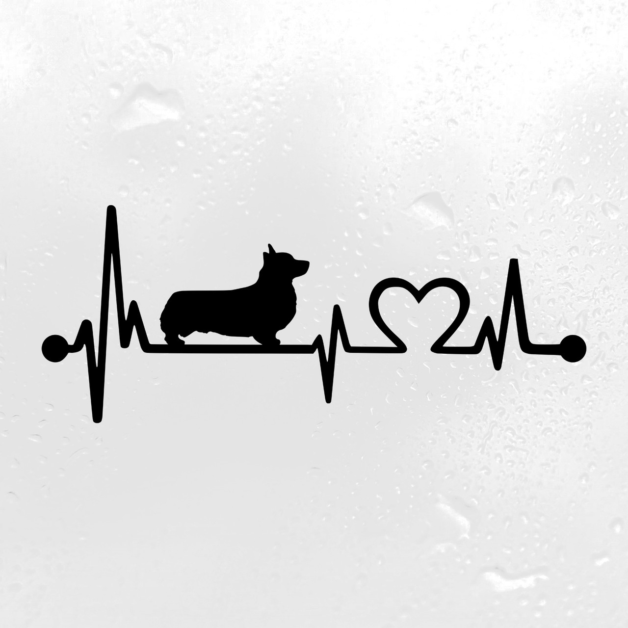 Corgi Love Heartbeat vinyl decal featuring a Welsh Corgi dog silhouette with EKG pulse line and heart symbol, available in nine sizes with mirror option