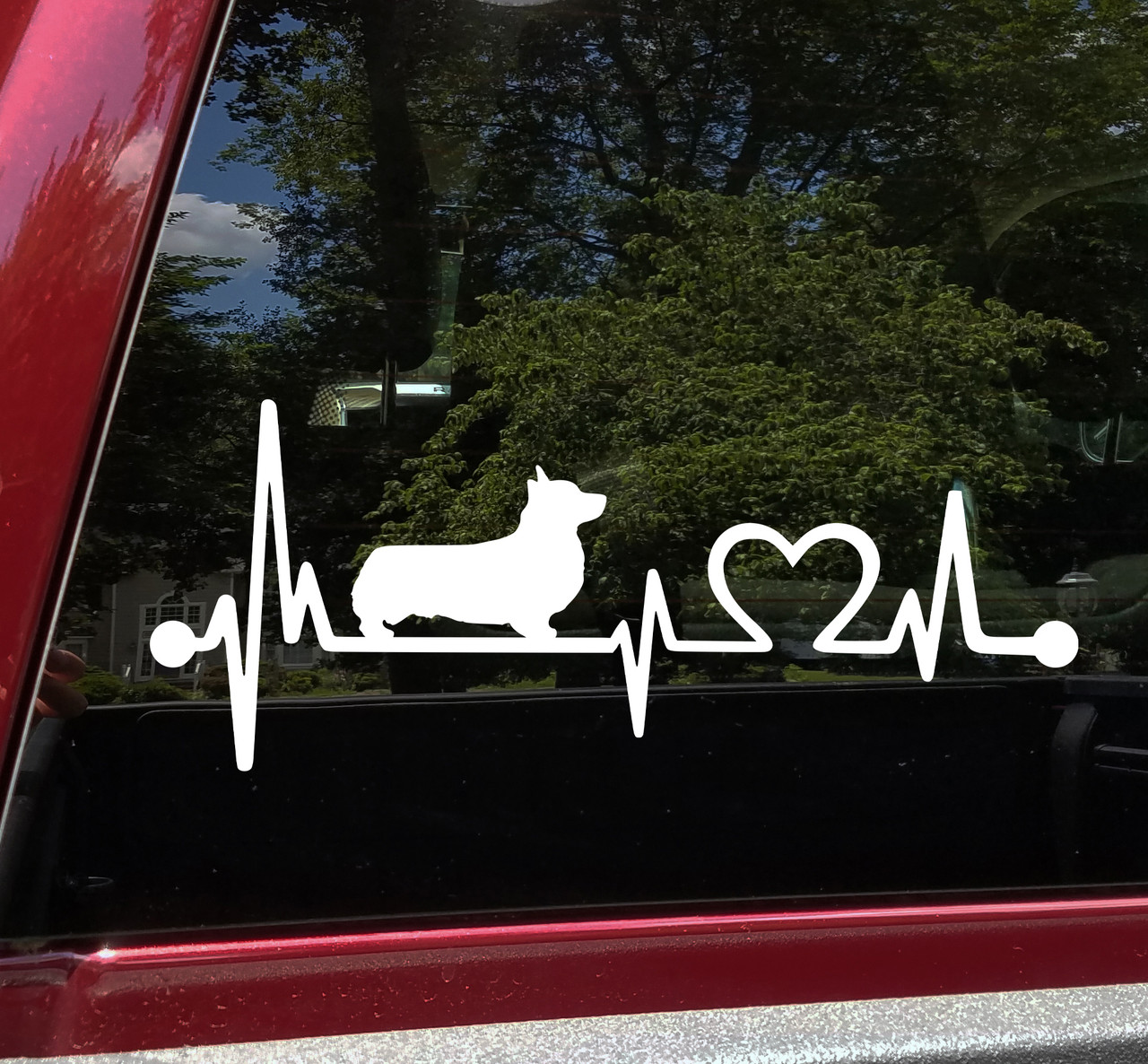 Corgi Love Heartbeat vinyl decal featuring a Welsh Corgi dog silhouette with EKG pulse line and heart symbol, available in nine sizes with mirror option