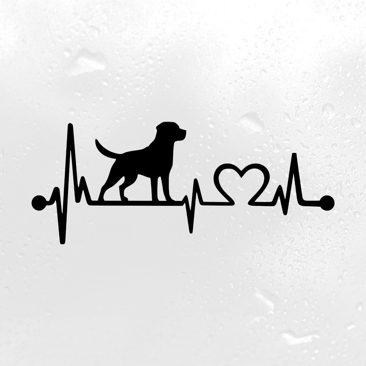 Labrador Retriever Love Heartbeat vinyl decal featuring a Lab dog silhouette with EKG pulse line and heart symbol, available in nine sizes with mirror option
