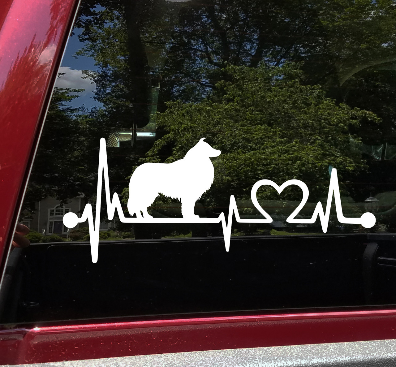 Collie Love Heartbeat vinyl decal featuring a Lassie-style Rough Collie dog silhouette with EKG pulse line and heart symbol, available in nine sizes with mirror option