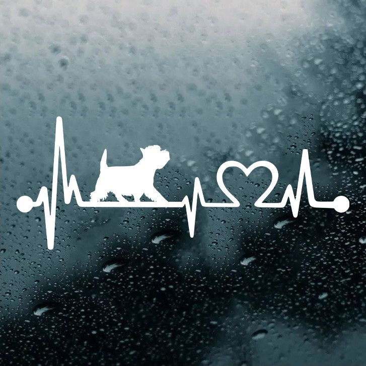 Westie Love Heartbeat vinyl decal featuring a walking West Highland White Terrier silhouette with EKG pulse line and heart symbol, available in nine sizes with mirror option
