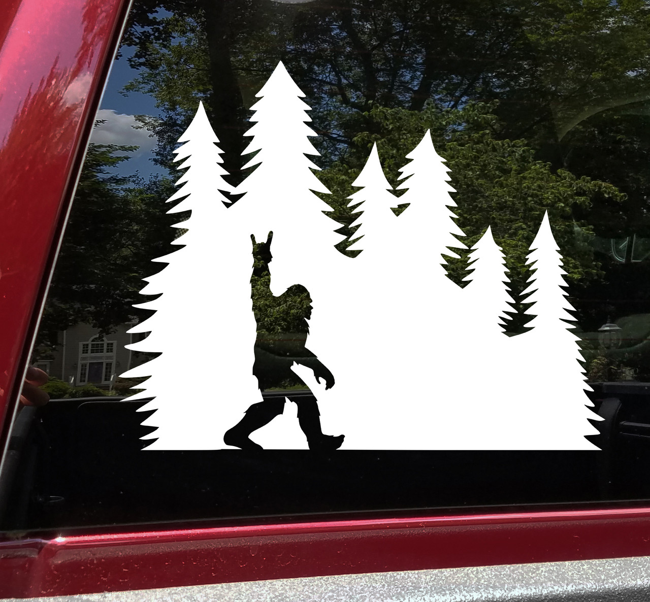 Bigfoot Sign of the Horns in Tree Line Vinyl Decal V3 | Metal Music Sasquatch Pine Trees | Die Cut Sticker