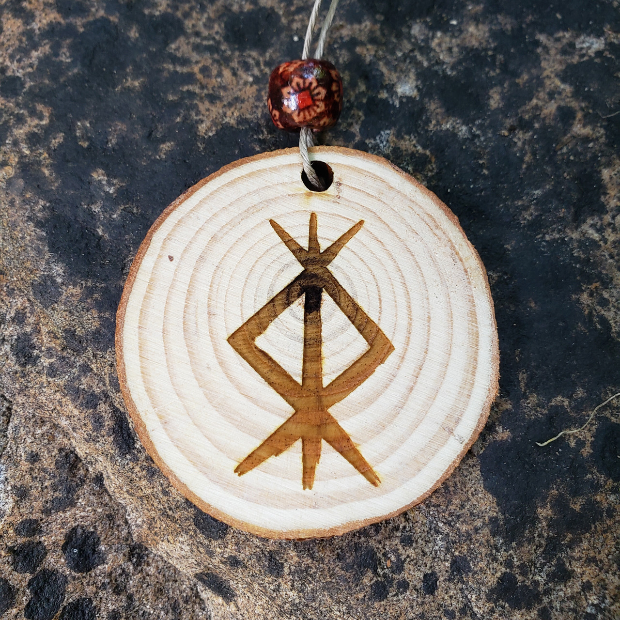 Wooden Norse bind rune car charm with hemp cord – double-sided Viking protection pendant

