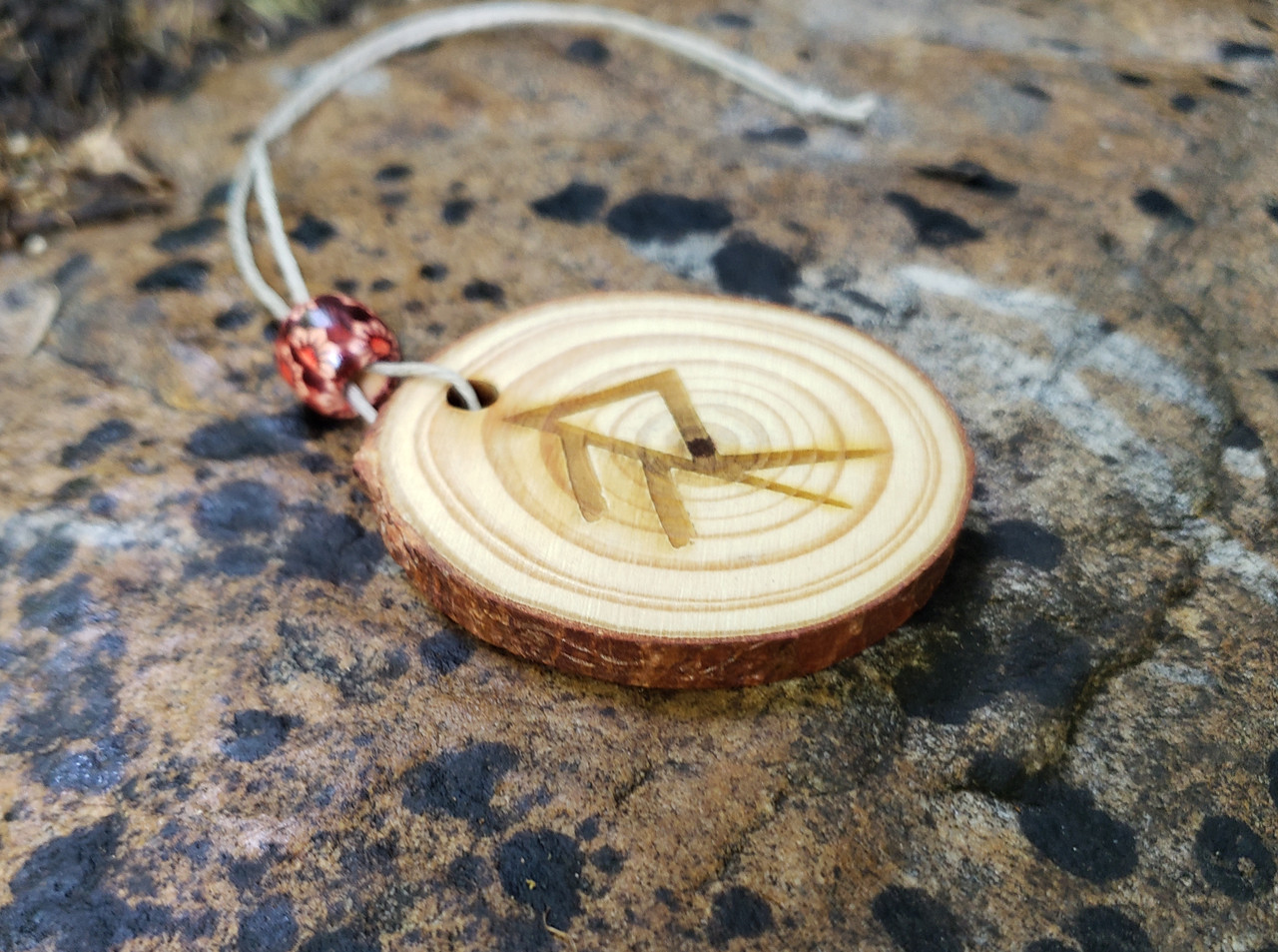 Energy bind rune car charm in pine with hemp cord, Norse Viking Celtic design


