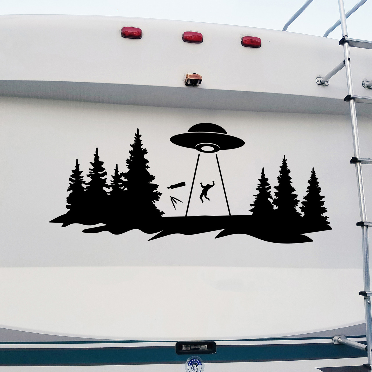 UFO abduction vinyl decal with telescope and trees in silhouette landscape