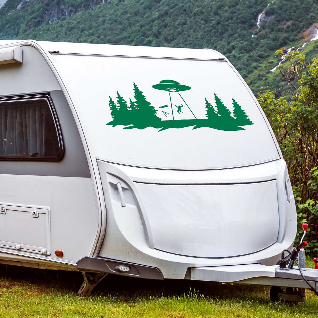 UFO abduction vinyl decal with telescope and trees in silhouette landscape
