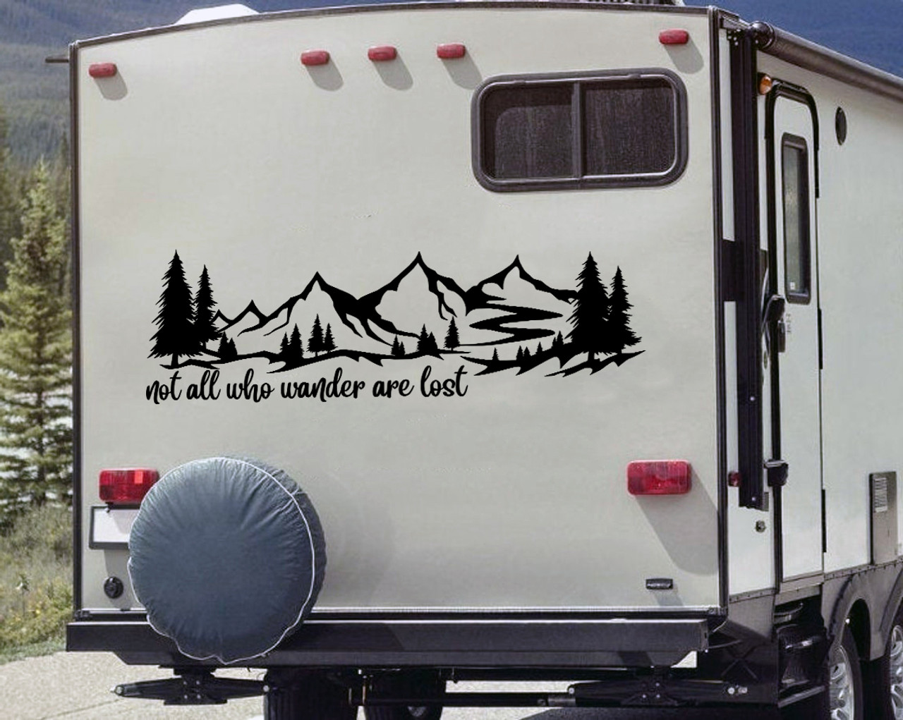 Mountain Scene Trees Vinyl Decal V1 – Not All Who Wander Are Lost – Adventure Sticker – Optional Mirrored Design Mountain Scene Trees Vinyl Decal V1 – Not All Who Wander Are Lost – Adventure Sticker – Optional Mirrored Design