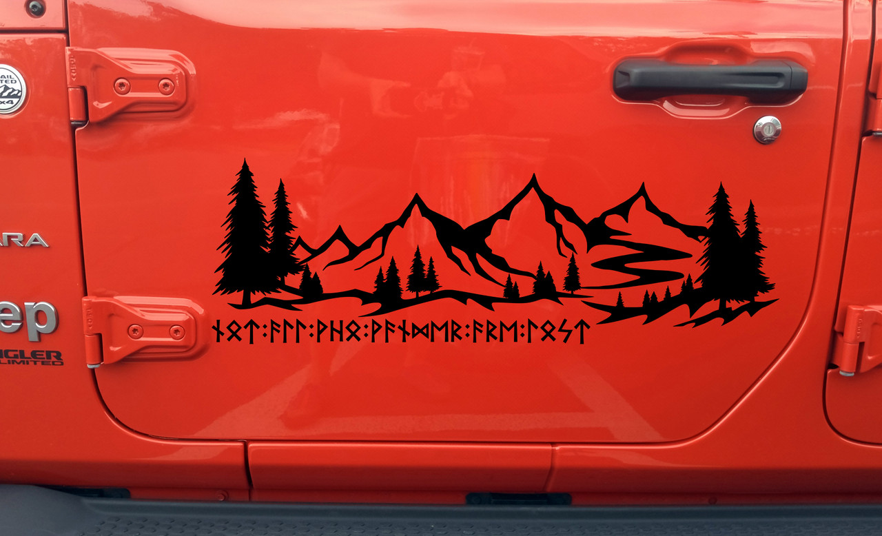 Mountain scene with trees vinyl decal featuring Not All Who Wander Are Lost in Futhark runes, available in multiple sizes and mirrored option. Mountain scene with trees vinyl decal featuring Not All Who Wander Are Lost in Futhark runes, available in multiple sizes and mirrored option.