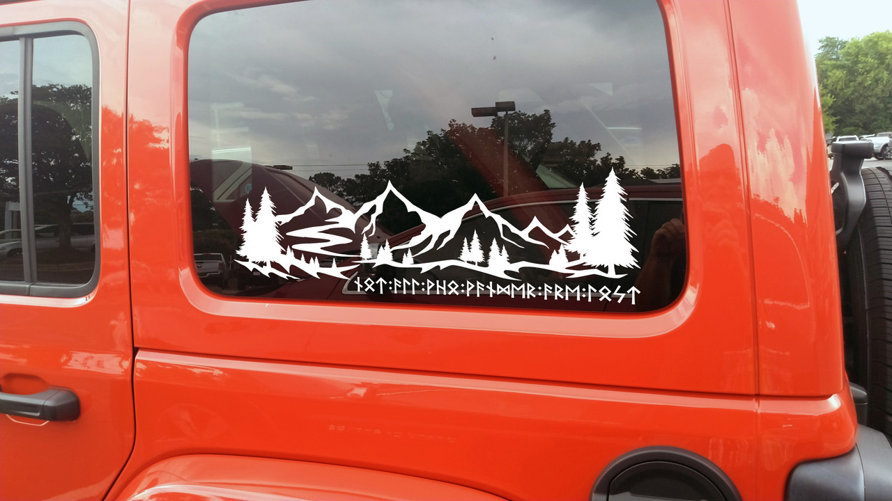 Mountain scene with trees vinyl decal featuring Not All Who Wander Are Lost in Futhark runes, available in multiple sizes and mirrored option. Mountain scene with trees vinyl decal featuring Not All Who Wander Are Lost in Futhark runes, available in multiple sizes and mirrored option.
