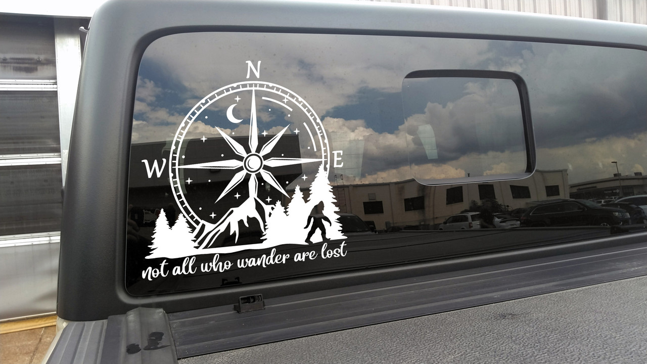 Compass Mountains Sasquatch Bigfoot Decal – Not All Who Wander Are Lost