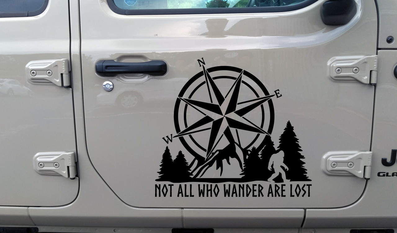 Compass Mountain Bigfoot Vinyl Decal – Not All Who Wander Are Lost