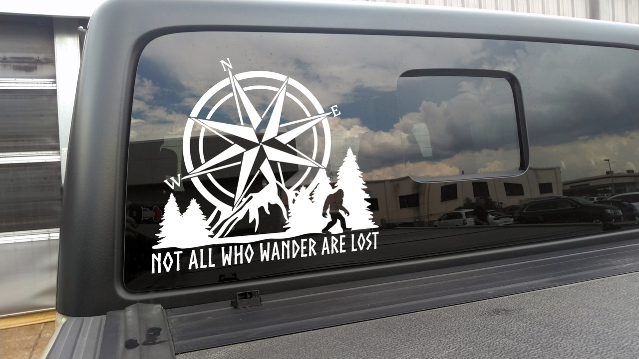 Compass Mountain Bigfoot Vinyl Decal – Not All Who Wander Are Lost