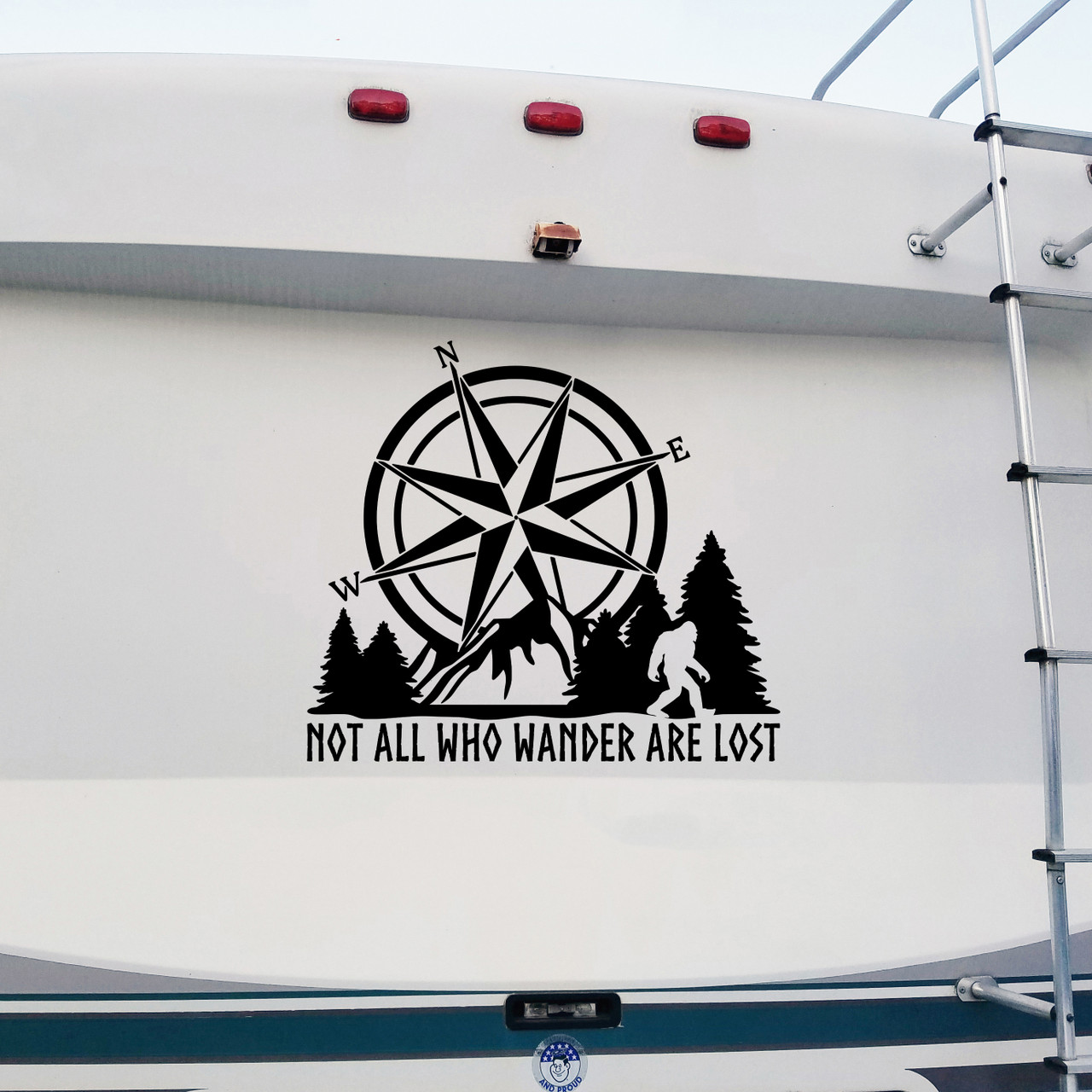 Compass Mountain Bigfoot Vinyl Decal – Not All Who Wander Are Lost