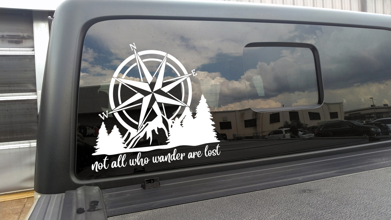 Compass Mountain Scene vinyl decal - Not All Who Wander Are Lost quote