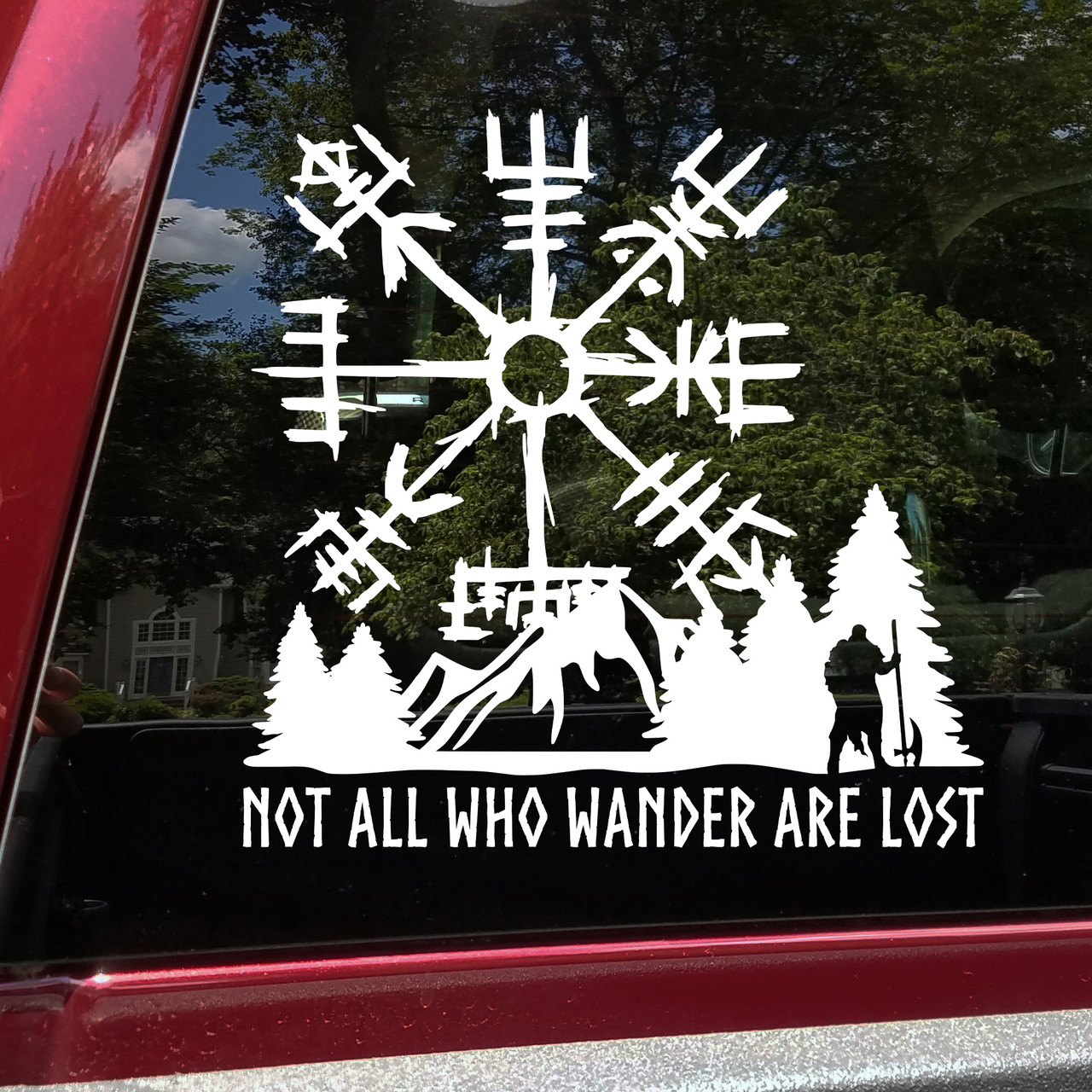 Viking Compass Vegvisir with Mountains and Warrior Vinyl Decal – Not All Who Wander Are Lost Viking Compass Vegvisir with Mountains and Warrior Vinyl Decal – Not All Who Wander Are Lost
