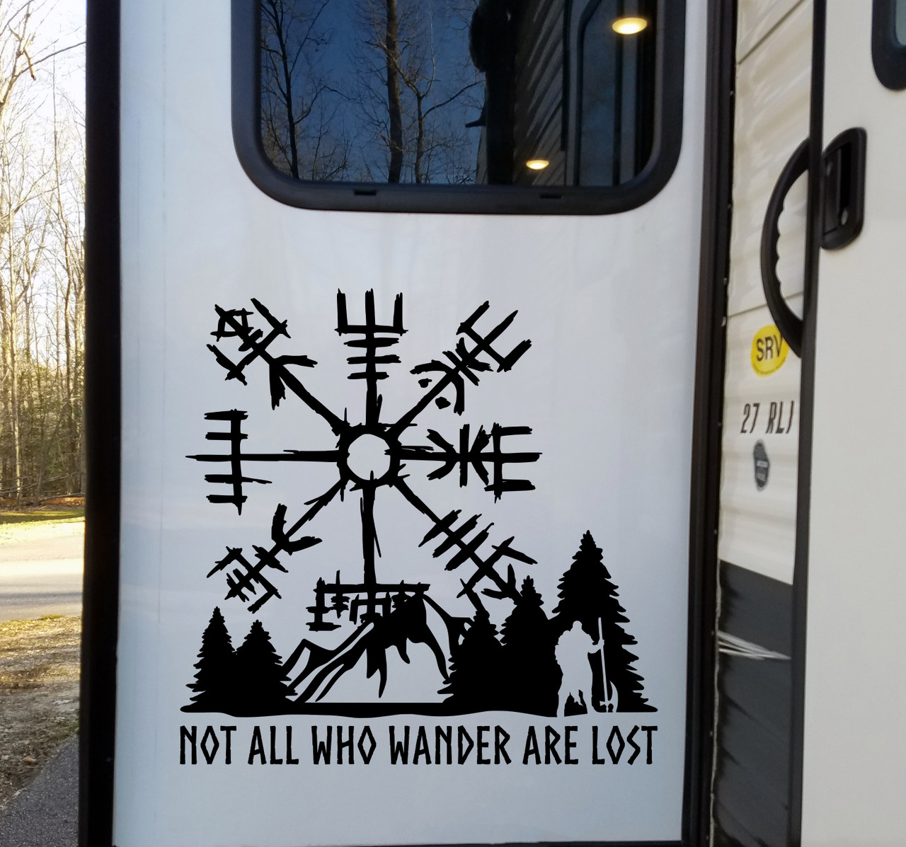 Viking Compass Vegvisir with Mountains and Warrior Vinyl Decal – Not All Who Wander Are Lost Viking Compass Vegvisir with Mountains and Warrior Vinyl Decal – Not All Who Wander Are Lost