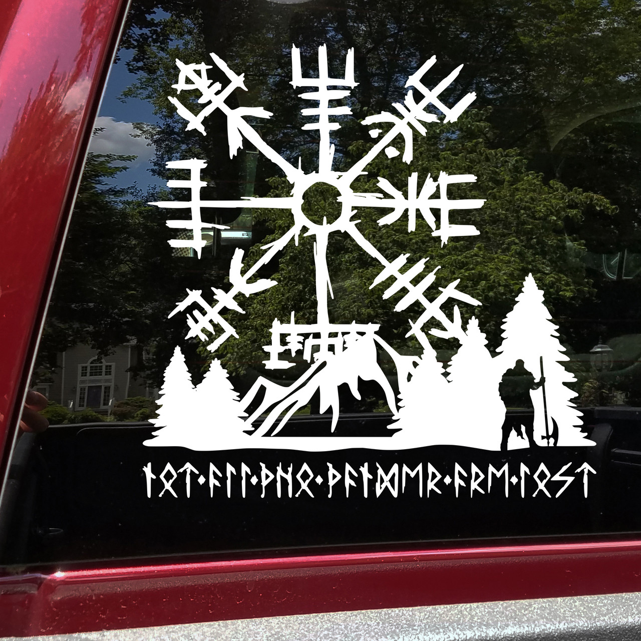 Viking Compass Vegvisir with Warrior and Mountains – Not All Who Wander Are Lost in Elder Futhark Runes Vinyl Decal Viking Compass Vegvisir with Warrior and Mountains – Not All Who Wander Are Lost in Elder Futhark Runes Vinyl Decal