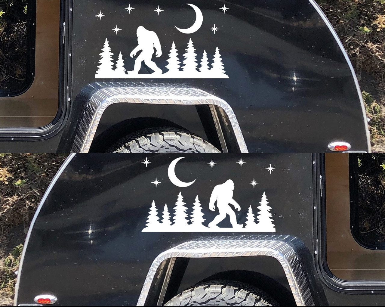 Bigfoot Forest Scene Vinyl Decal with Moon and Stars – Sasquatch Sticker – Mirrored or Rotated Orientation