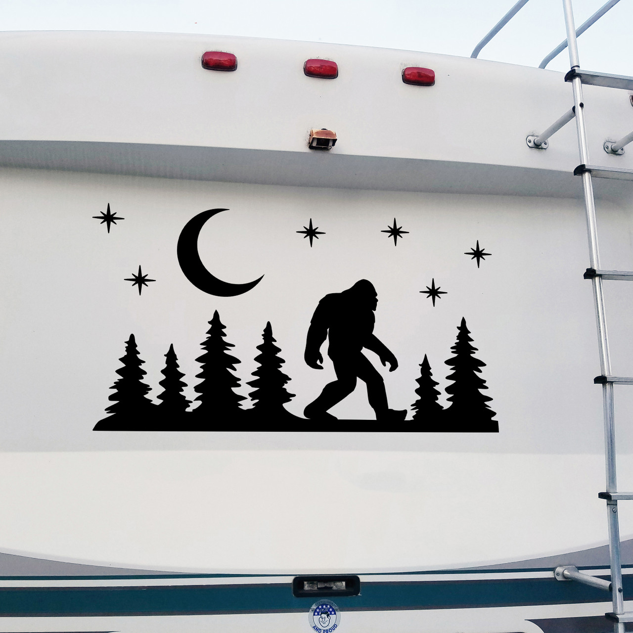 Bigfoot Forest Scene Vinyl Decal with Moon and Stars – Sasquatch Sticker – Mirrored or Rotated Orientation