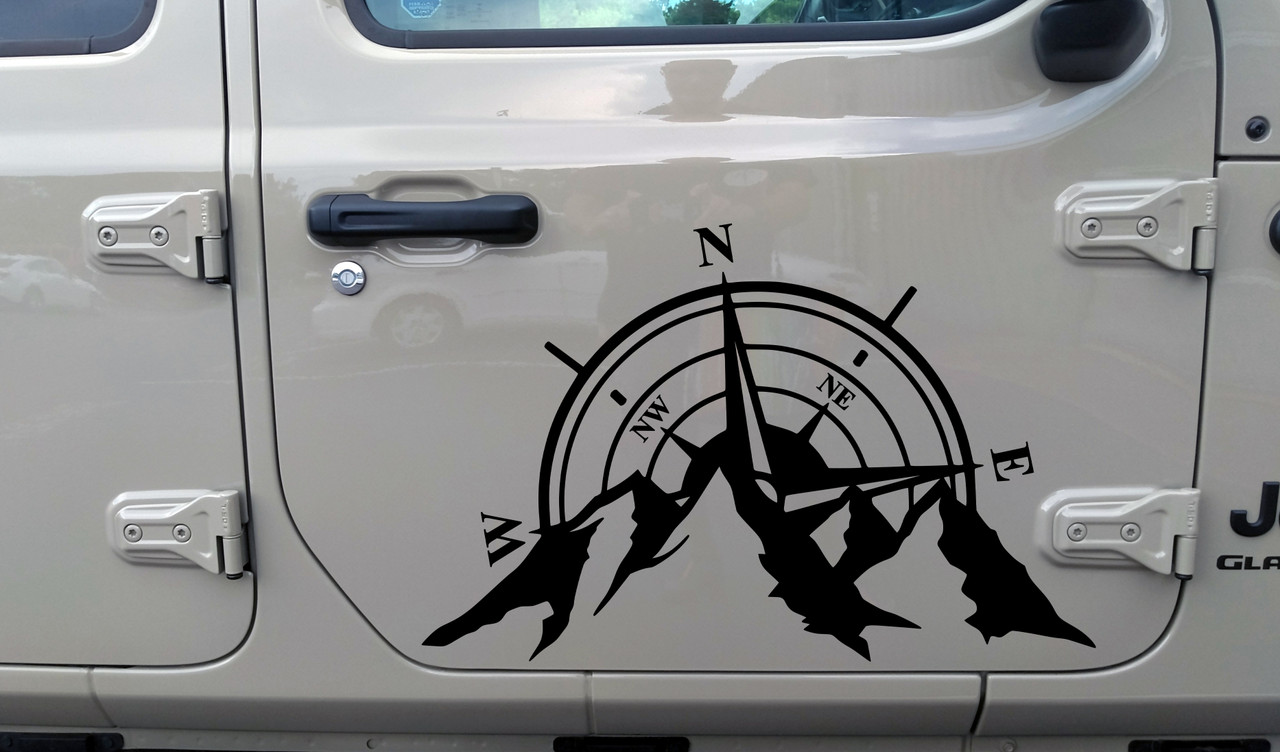 Compass Rose and Mountains V3 Vinyl Decal Sticker – Adventure Hiking Camping RV Car Truck Wall Décor