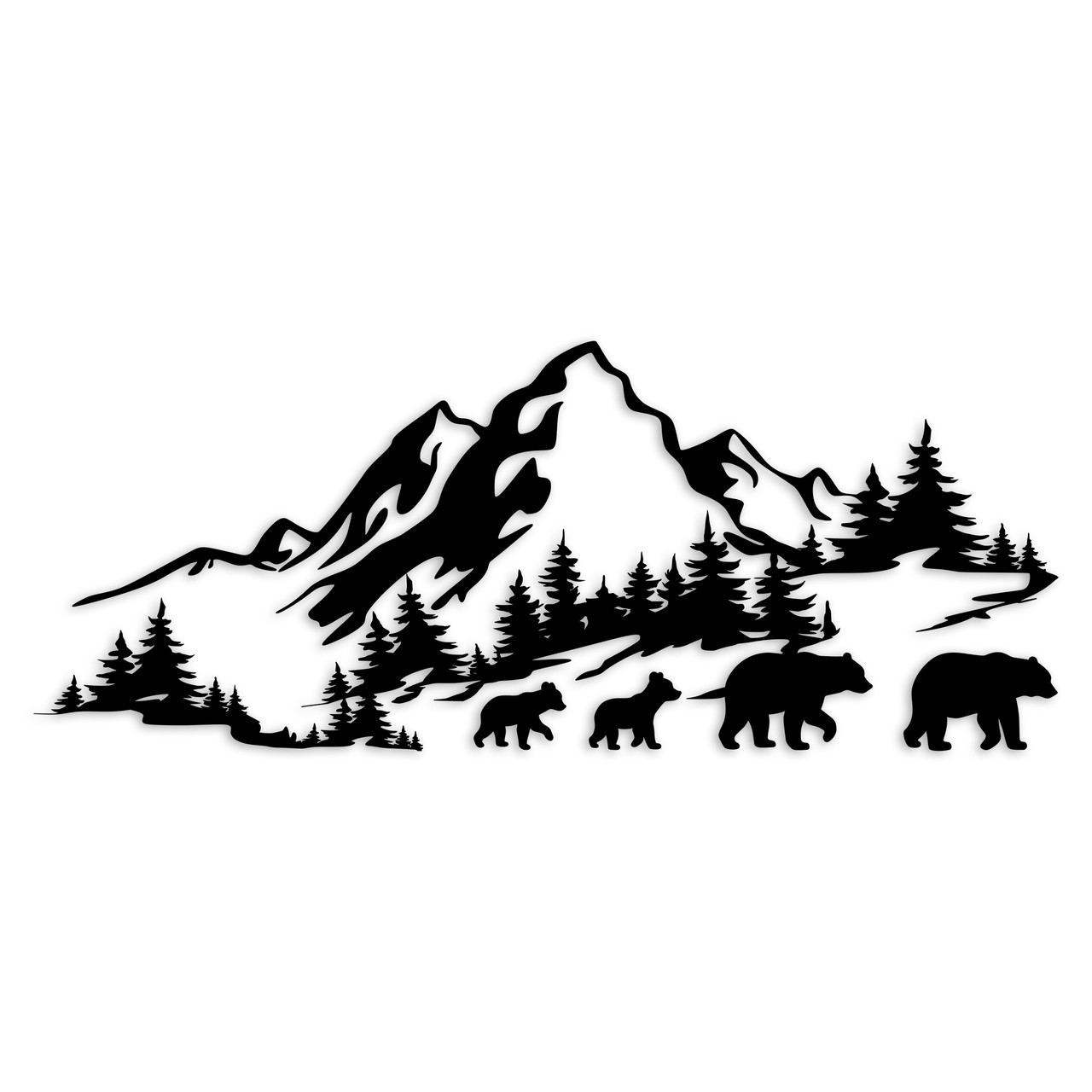 Mountains scene vinyl decal with bear family of four – RV camper, travel trailer, fifth wheel – mirrored pairs available