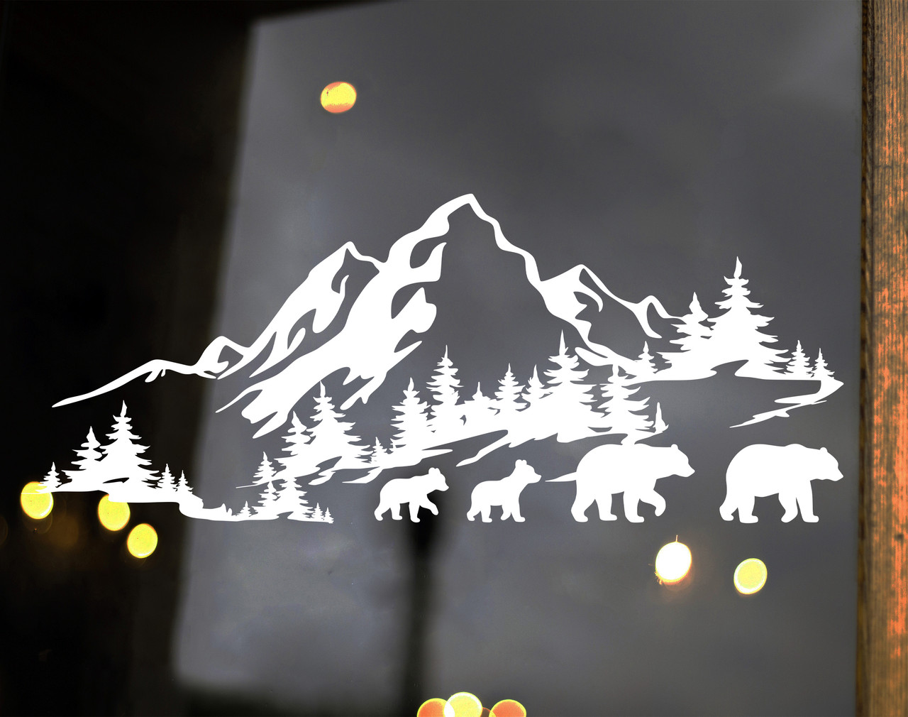 Mountains scene vinyl decal with bear family of four – RV camper, travel trailer, fifth wheel – mirrored pairs available