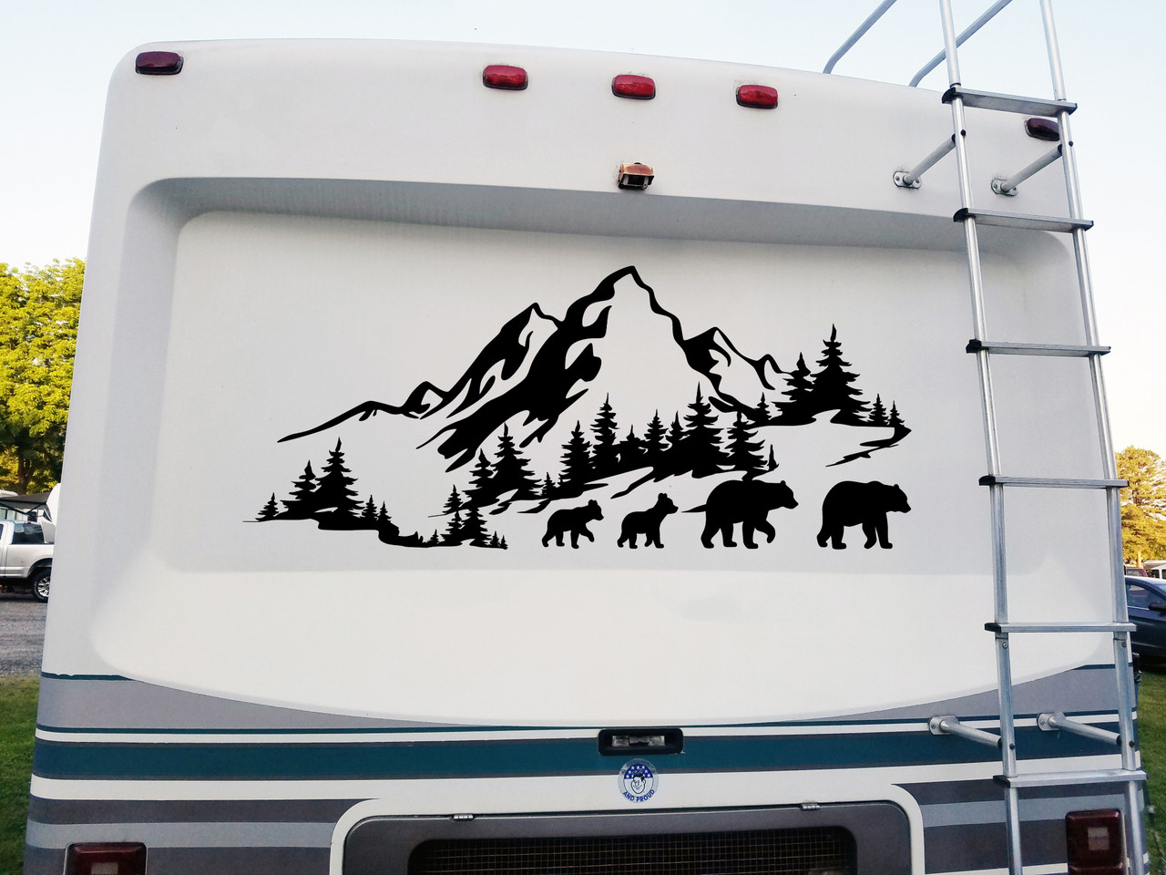 Mountains scene vinyl decal with bear family of four – RV camper, travel trailer, fifth wheel – mirrored pairs available