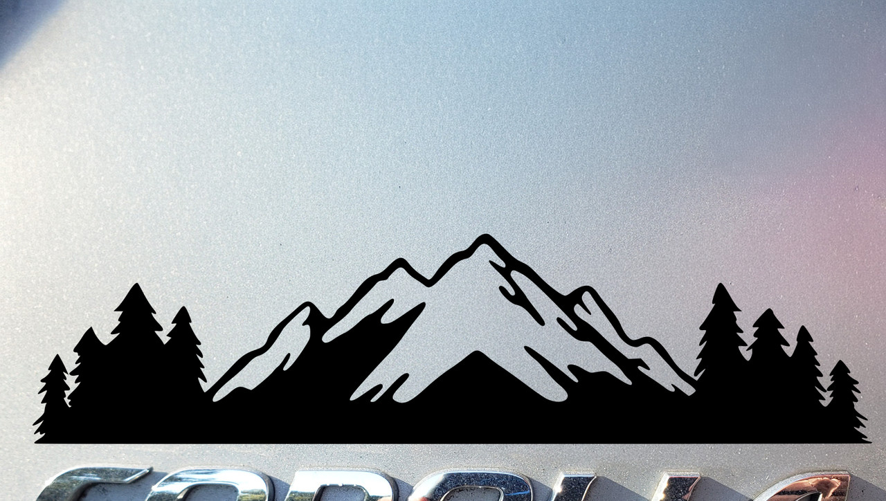 Mountains and trees vinyl decal for cars, trucks, and SUVs - fits above vehicle name badge