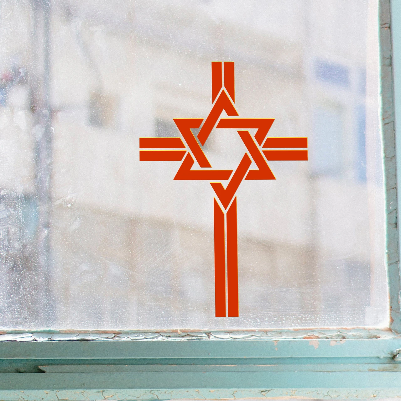 Messianic Star of David Cross vinyl decal featuring six-pointed Magen David integrated into Christian cross with geometric lines and Jewish Christian religious symbolism