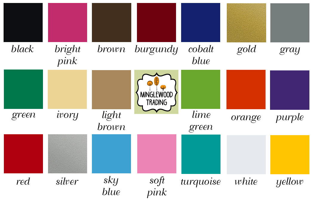 Vinyl decal color chart from Minglewood Trading showing 20 color options: black, bright pink, brown, burgundy, cobalt blue, metallic gold, gray, green, ivory, light brown, lime green, orange, purple, red, metallic silver, sky blue, soft pink, turquoise, white, and yellow.