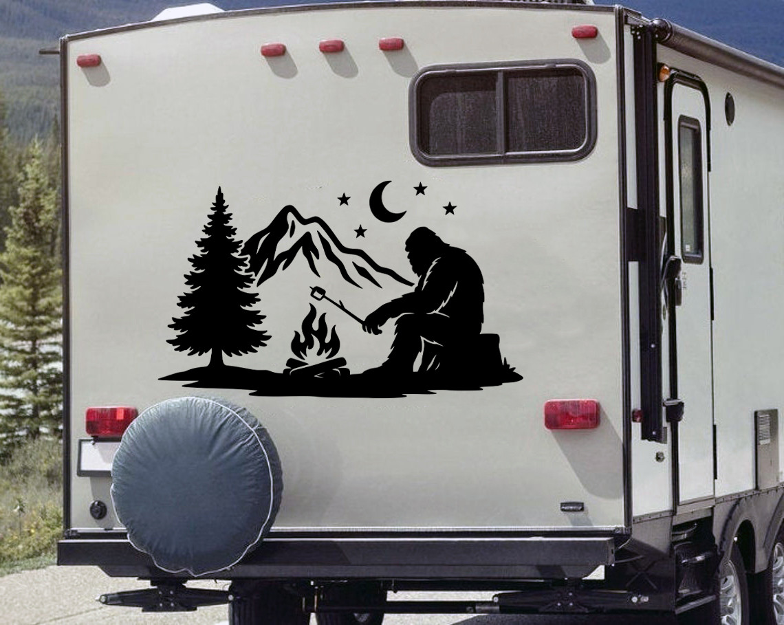 Bigfoot at Campfire Vinyl Decal Sticker – Sasquatch Roasting Marshmallow – Funny Camping Car Window Art