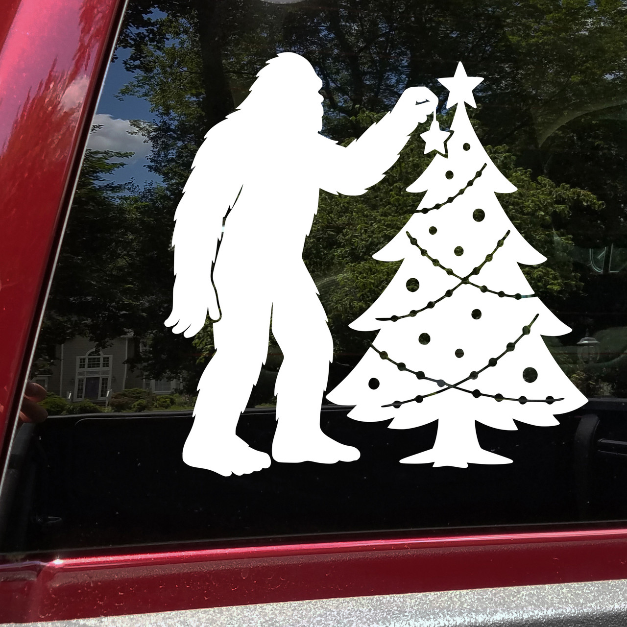 Bigfoot Decorating Christmas Tree Vinyl Decal Sticker – Sasquatch Holiday – Funny Christmas Car Window Art