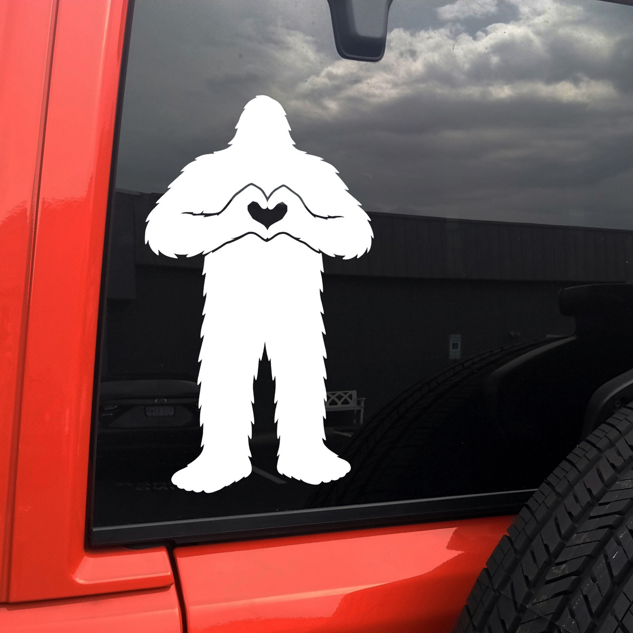 Bigfoot Making Heart Vinyl Decal Sticker – Sasquatch Hands Love Symbol – Funny Cryptid Art