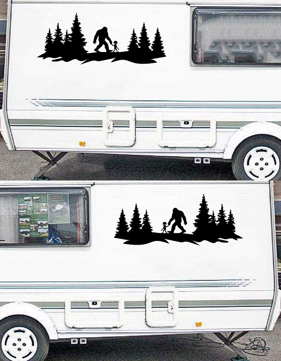 Bigfoot and Alien Forest Vinyl Decal - Sasquatch Cryptid Scene Sticker - Outdoor Adventure Art