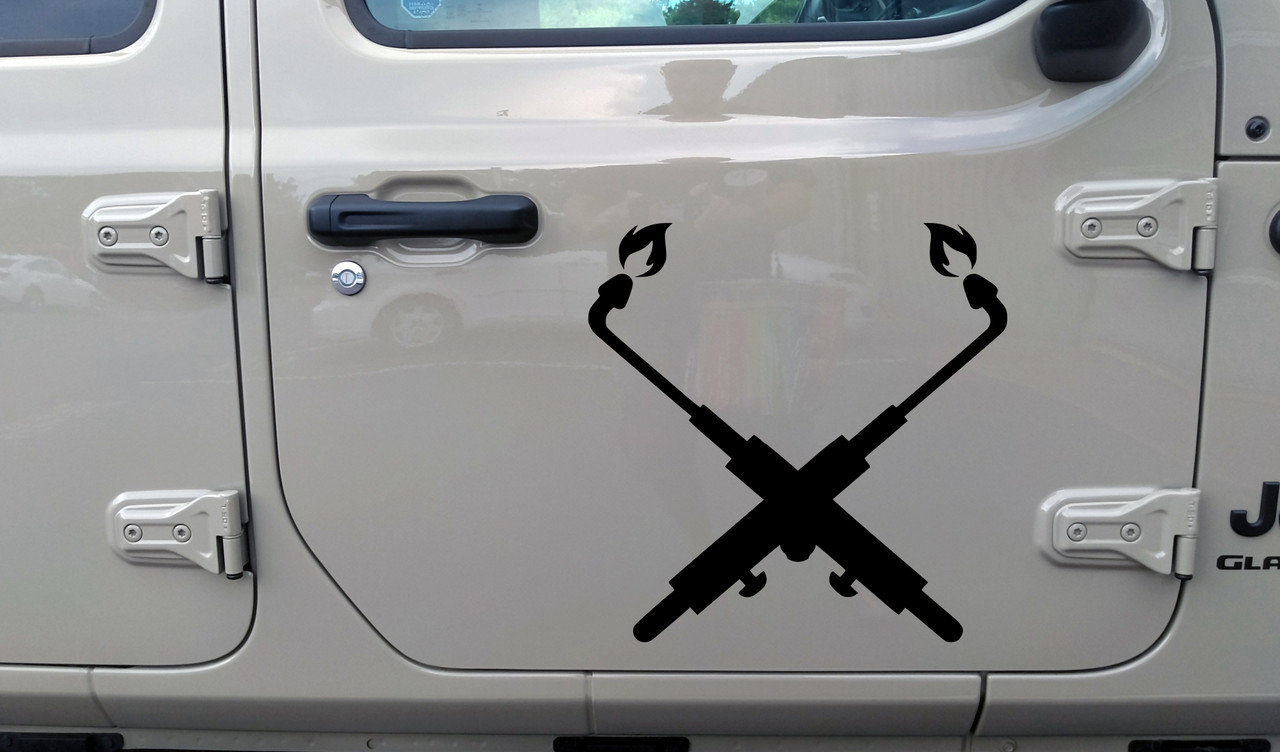 Crossed Welding Torches Vinyl Decal – TIG MIG Stick Welder Shop Sticker with painted-on look, available in sizes 2.5x2.5 to 22.5x22.5 inches